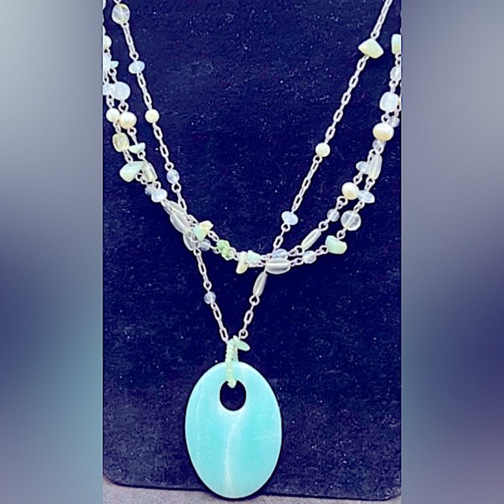 Necklace Lia Sophia Aqua Amazonite pendant, Pearls, crystals Mother-of-Pearl 19”